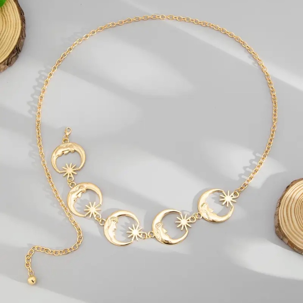 Celestial Crescent Moon Chain Statement Belt Metal Waist Belt Adjustable Gold